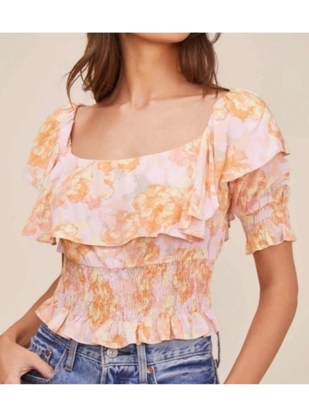 Astr Floral Ruffle Smocked Top in Pink & Peach
